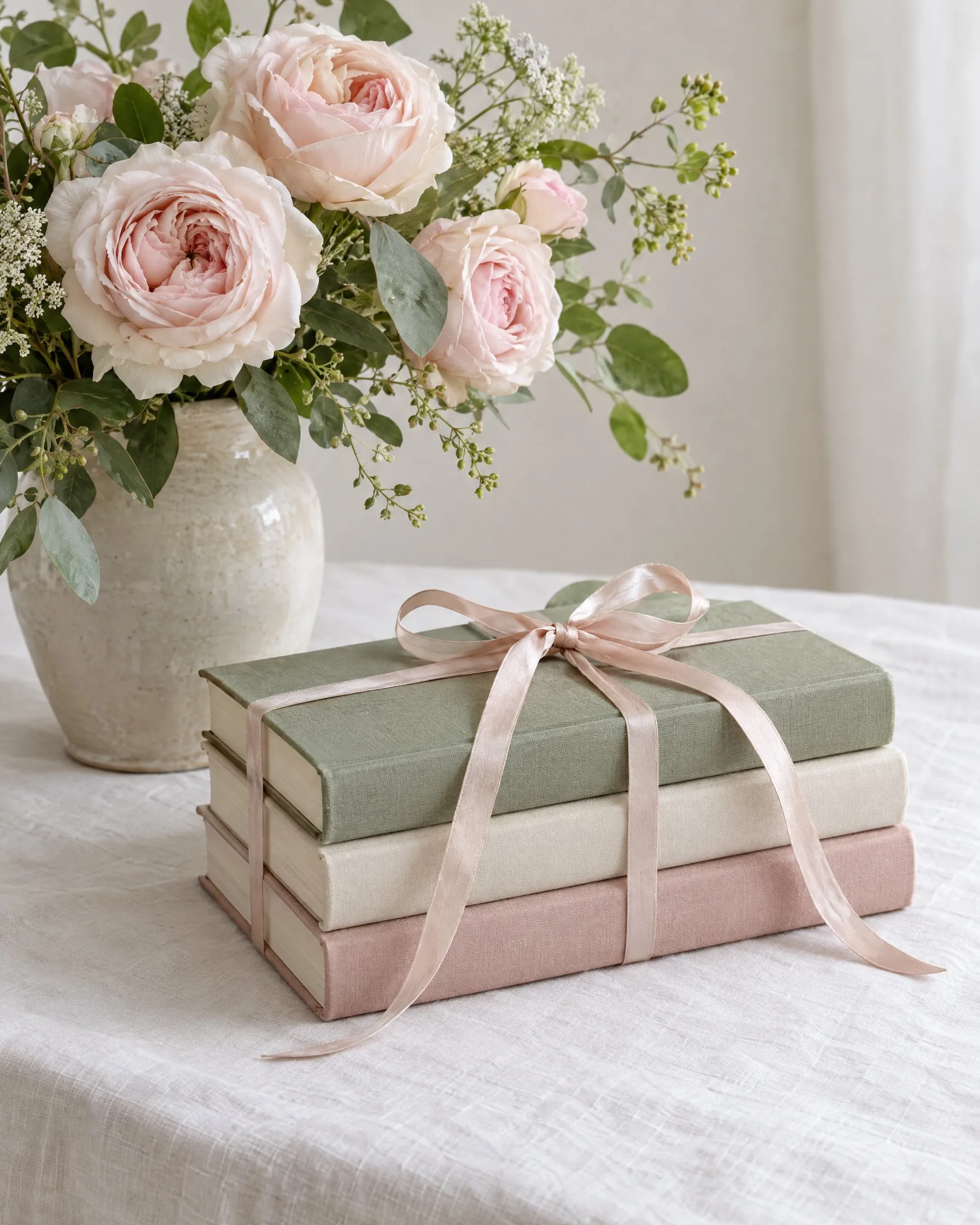 Three cloth-bound keepsake books tied with a pink satin ribbon beside garden roses