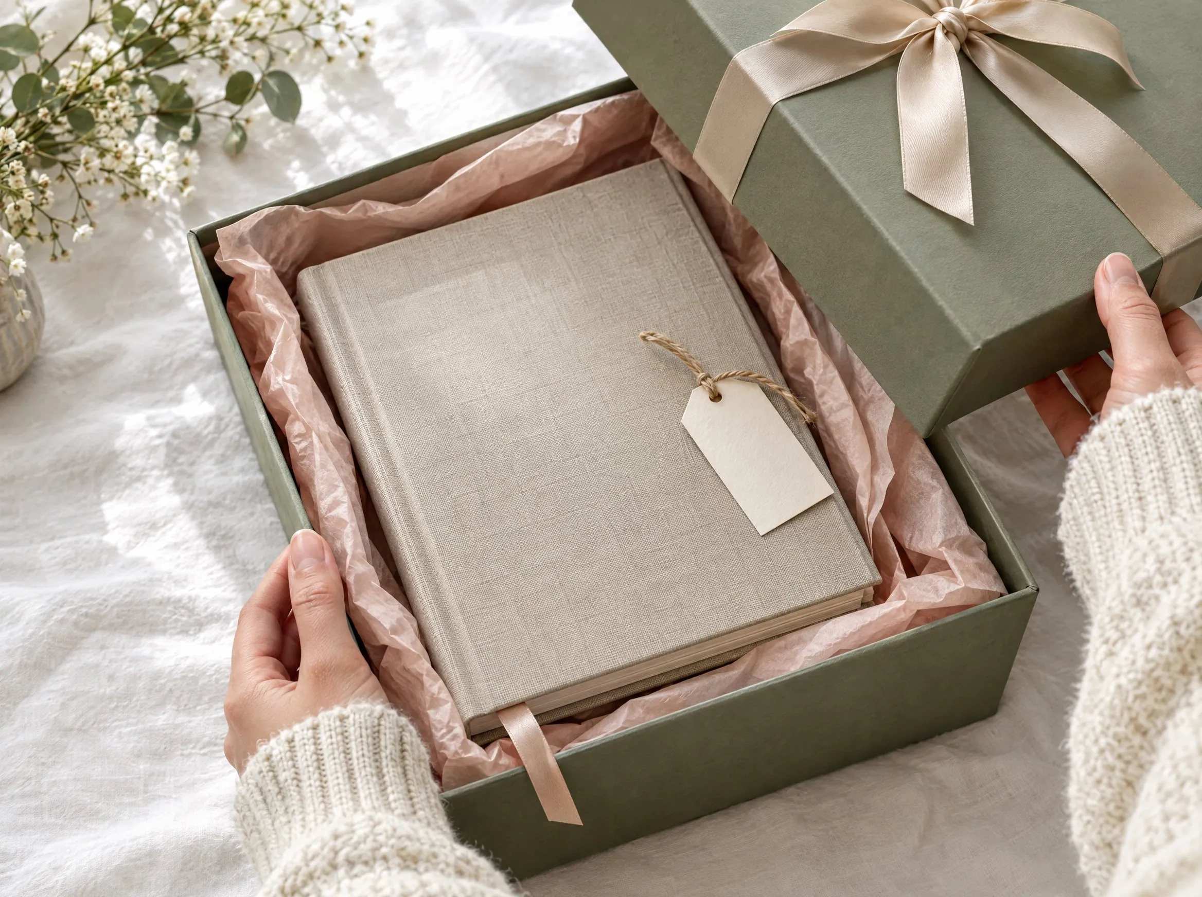 Hands lifting the lid of a gift box to reveal a linen-bound keepsake book